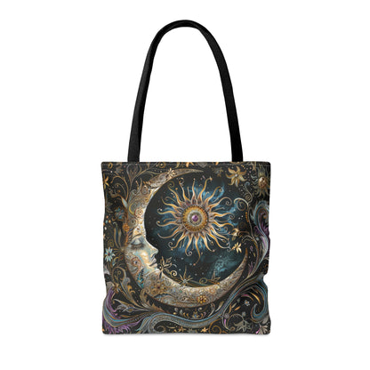 Crescent Moon & Sun Polyester Tote Bag (Double Sided), Art Nouveau and Mystical Folk Inspired, Available in 3 Sizes with Black Handles