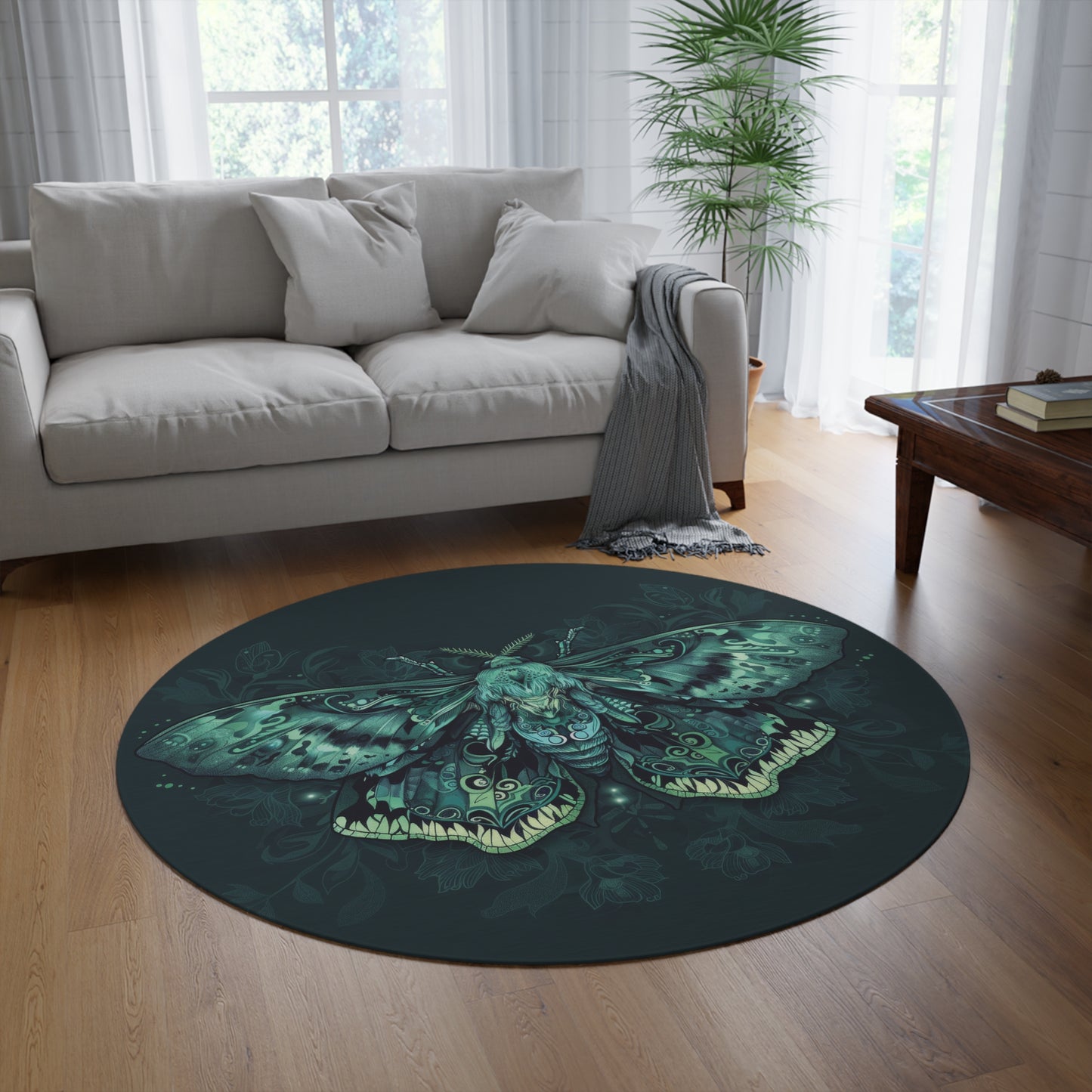 Green Lunar Moth Chenille Round Area Rug, Moon Lover Design, Vibrant Emerald Bedroom, Living and Meditation Space Decor