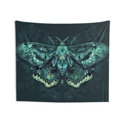 Neon Lunar Moth Wall Tapestry – Emerald Glow Mystical Decor for Bedrooms and Living Spaces