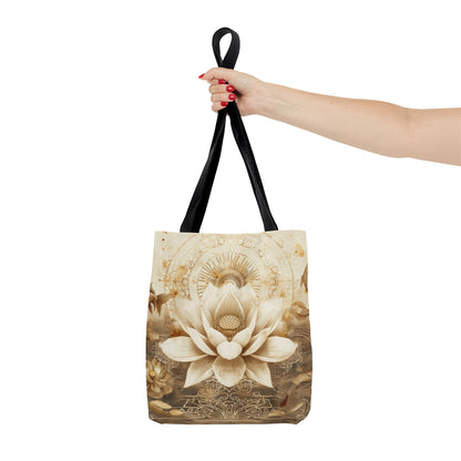 White Lotus Blossom Double Sided Tote Bag, Ancient Occult Aesthetic, Zen Nature Fashion Style, 3 Sizes, Black Handles