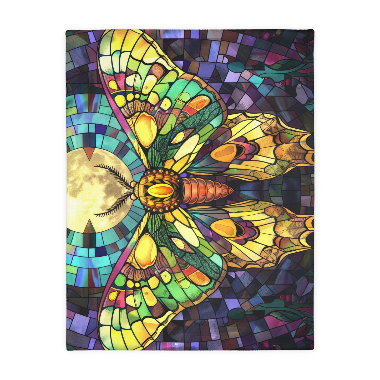 Illuminated Sunset Moth & Crescent Moon Stained Glass Double-Sided Throw Blanket, Luminous Winged Beauty, Luxurious Comfort for Restful Slumber