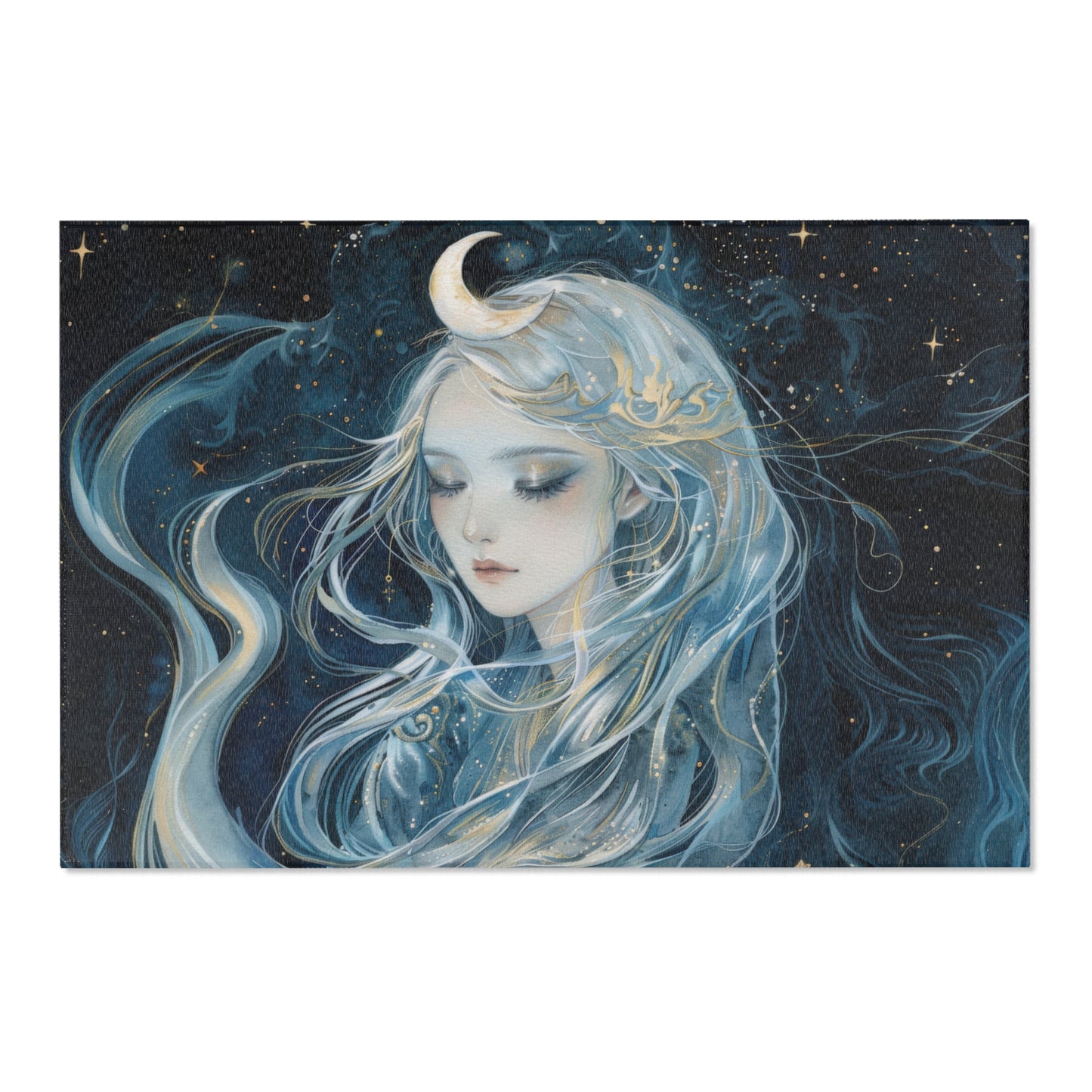 Selene's Moonlit Reverie Chenille Area Rug, Goddess of the Moon Visage, Celestial Elegance, Starry Night Floor Art