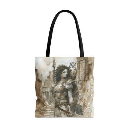 Athena's Wisdom Tote Bag, Dual-Sided Greek Warrior Goddess, Owl Sentinel, Mythic Elegance, Versatile Fashion Accessory