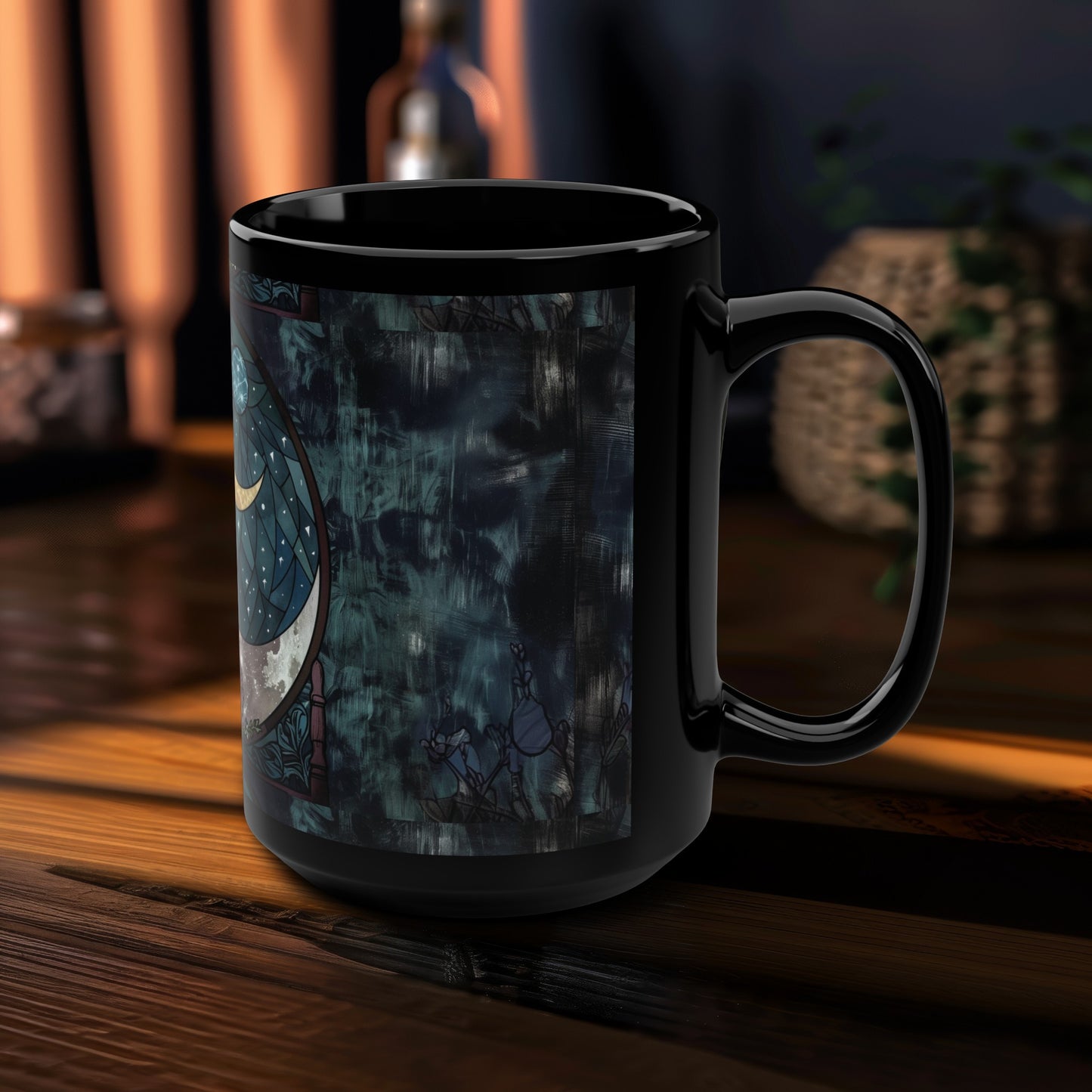 Moonlit Garden 15oz Ceramic Mug, Stained Glass Floral & Crescent Moon Design, Enchanting Nighttime Brew Cup for Tea and Twilight Musings