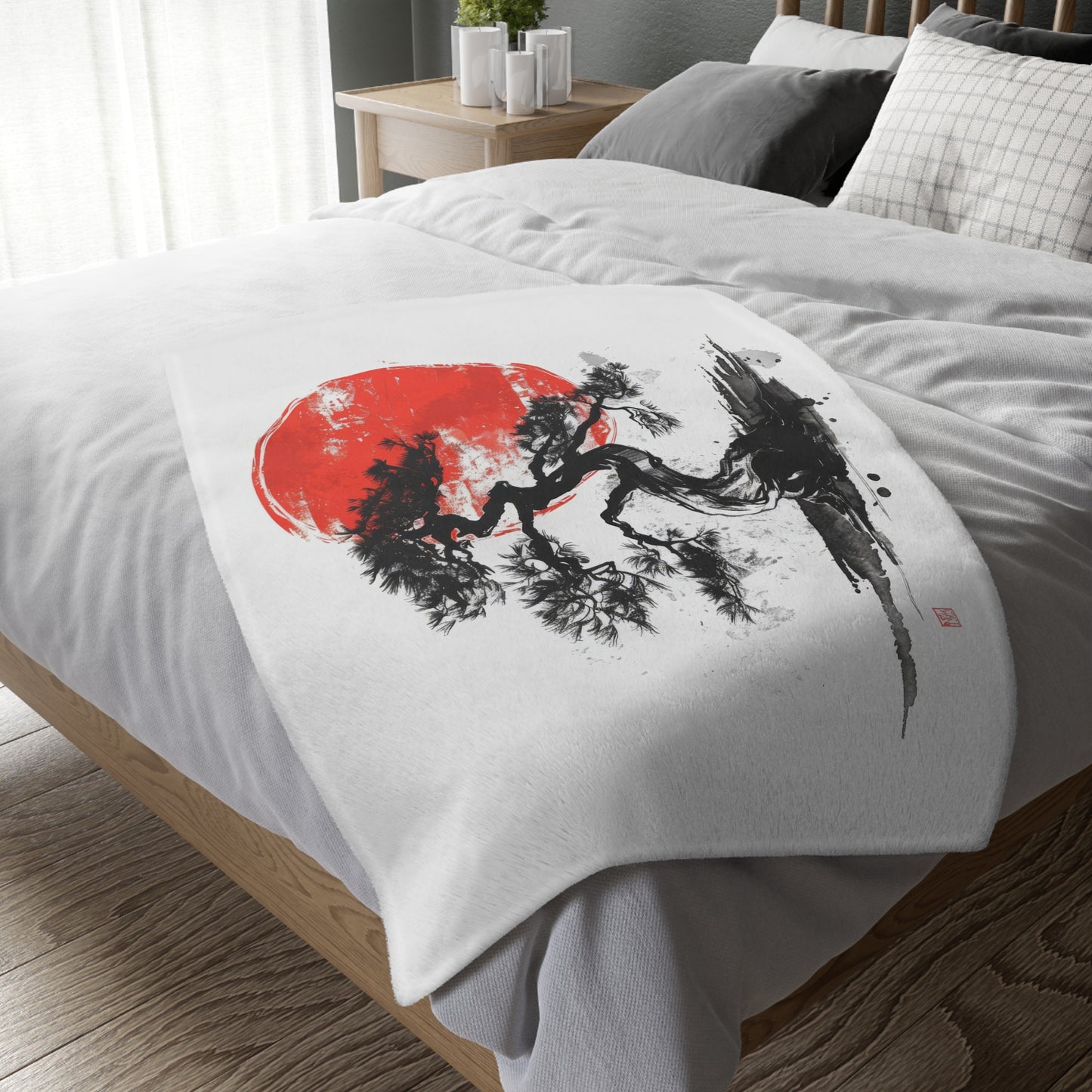 Traditional Chinese Bonsai & Red Sun 2-Sided Throw Blanket, Elegant Ink Wash Style Art, Serene Zen Decor for Home, Bedroom, Living Space, and Dorms