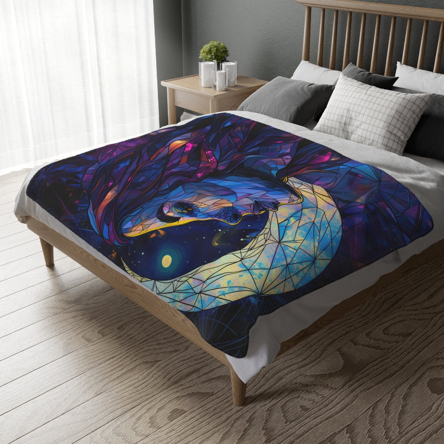 Moonlit Muse Stained Glass Double-Sided Throw Blanket, Lunar Goddess Illustration, Mystical Comfort for Nights & Cozy Spaces