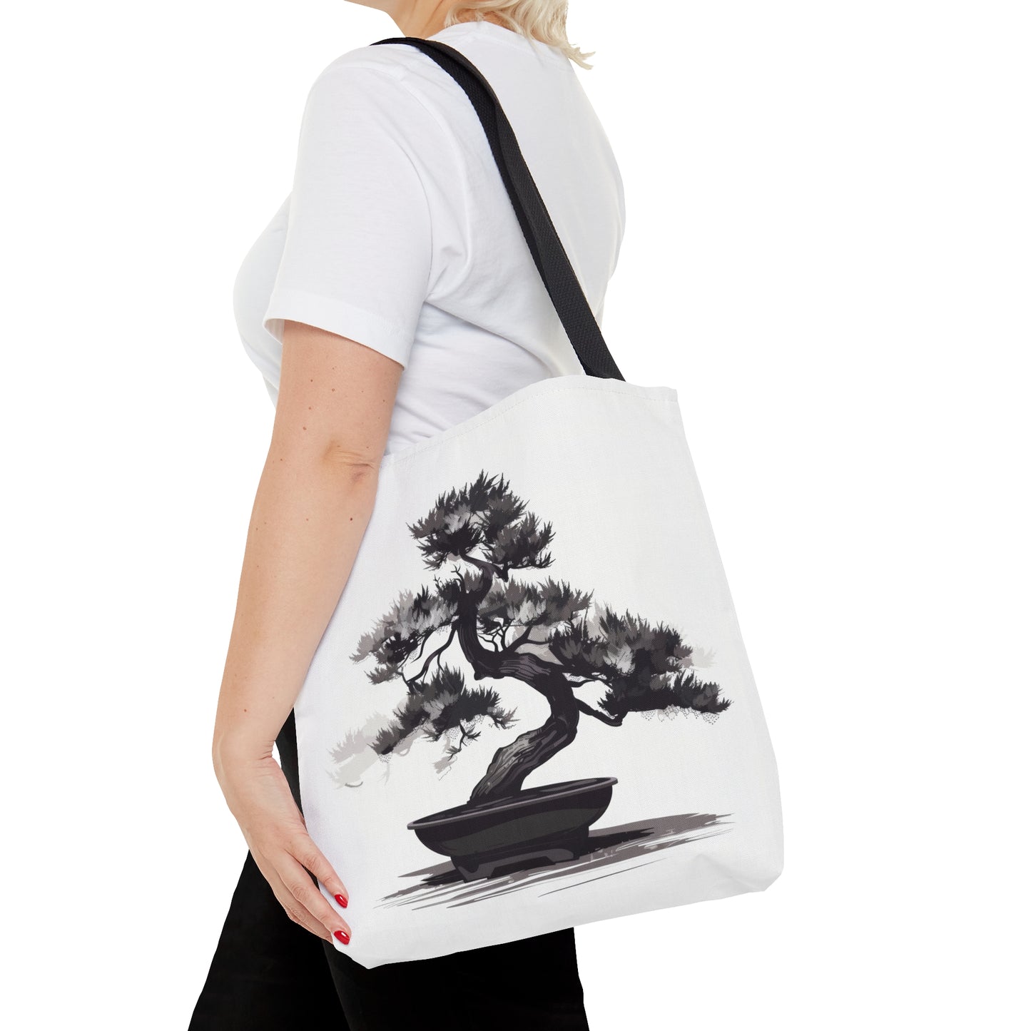 Chinese Ink Style Bonsai Tree Double Sided Tote Bag, Simple Minimalist Aesthetic, Zen Nature Fashion Style, Black Handles, 3 Sizes