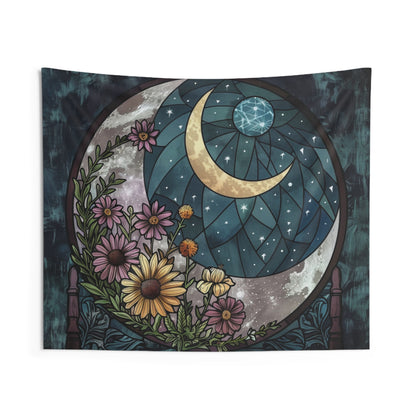 Enchanted Night Blooms & Crescent Moon Wall Tapestry, Stained Glass Style Floral Art, Mystic Decor for Peaceful & Dreamy Spaces