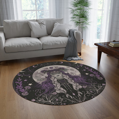 Lunar Goddess & Wildflowers Round Chenille Rug for Meditation, Living Room, and Bedroom – Full Moon and Dark Occult Design