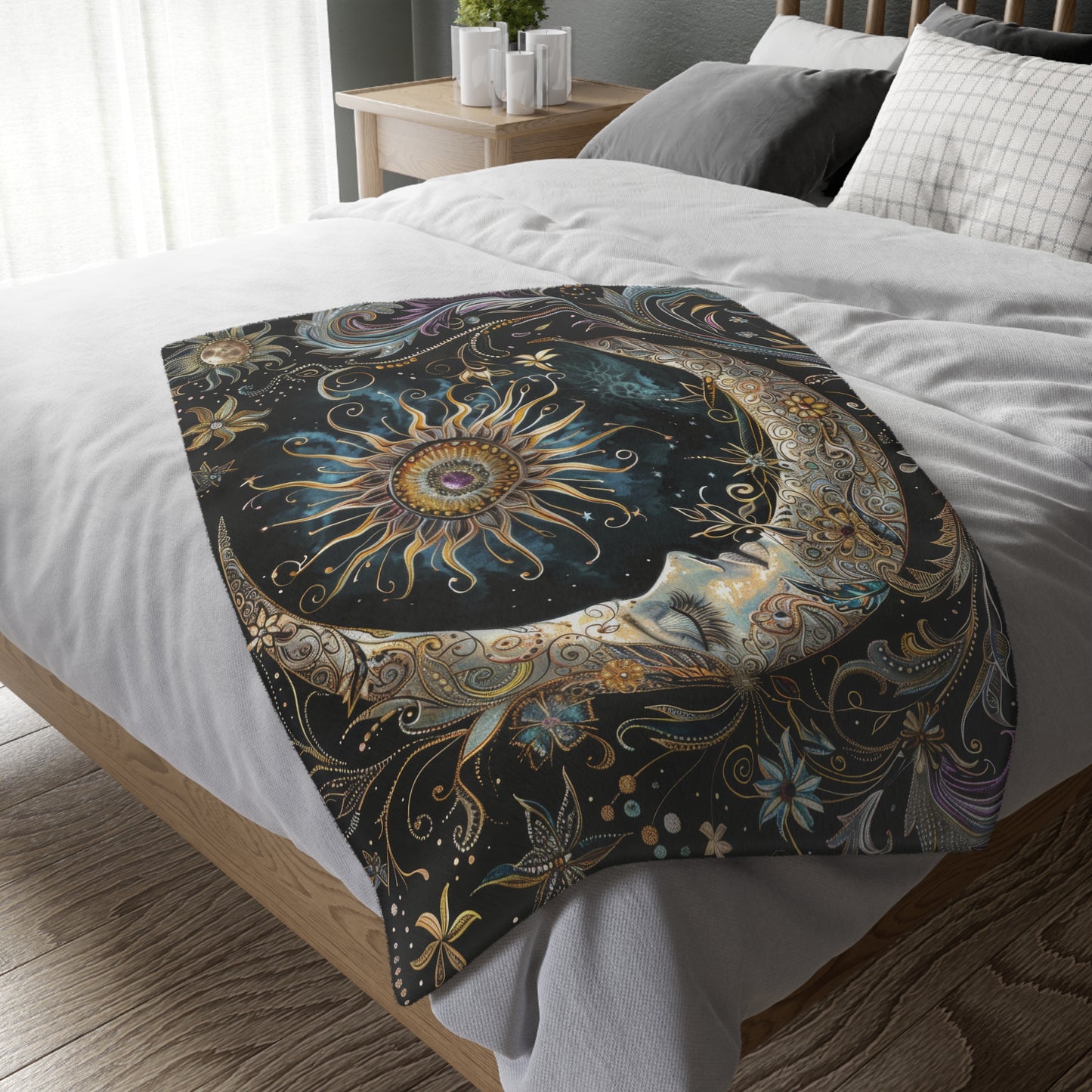 Crescent Moon & Sun Double Sided Throw Blanket, Folk Design, Art Nouveau  Aesthetic, Mystical Magical Bedroom, Living, and Dorm Room Decor