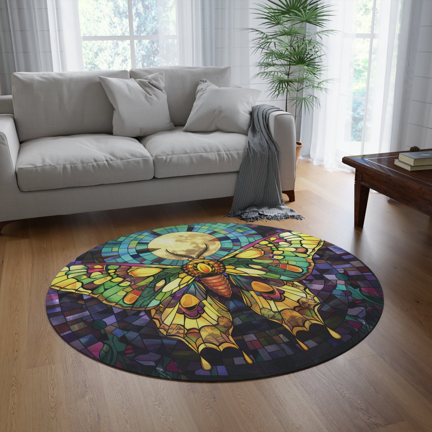 Sunset Moth & Full Moon Stained Glass Style Chenille Rug, Vivid Nature-Inspired Design, Artistic Decor for Home, Meditation & Rest Areas