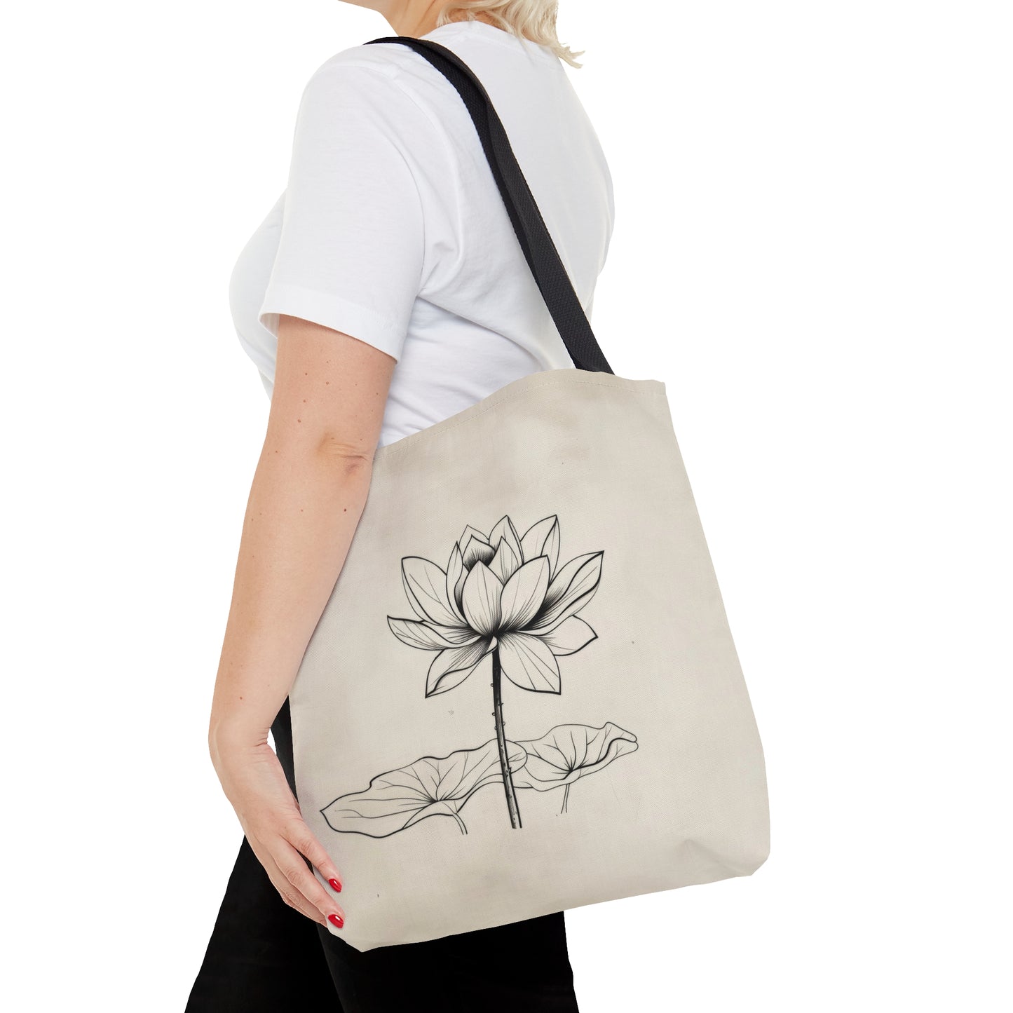 Lotus Flower Line Art Tote Bag (3 Sizes), Elegant Botanical Illustration, Peaceful Zen Fashion Style, Black Handles, Minimalist Aesthetic