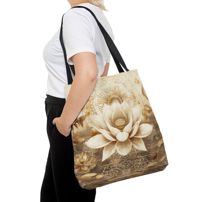 White Lotus Blossom Double Sided Tote Bag, Ancient Occult Aesthetic, Zen Nature Fashion Style, 3 Sizes, Black Handles