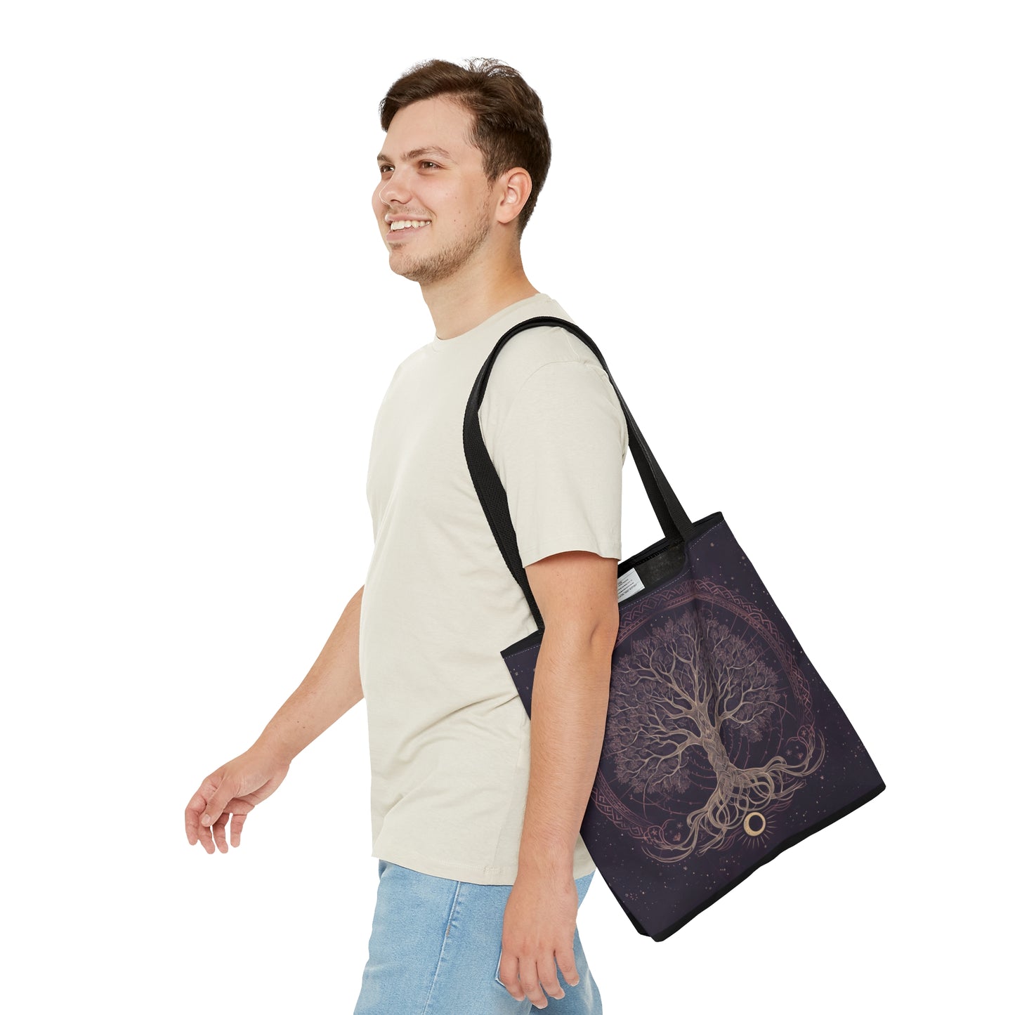 Mystic Purple Tree of Life Mandala Tote Bag – Dark Occult and Nature-Inspired Fashion, with Black Handles