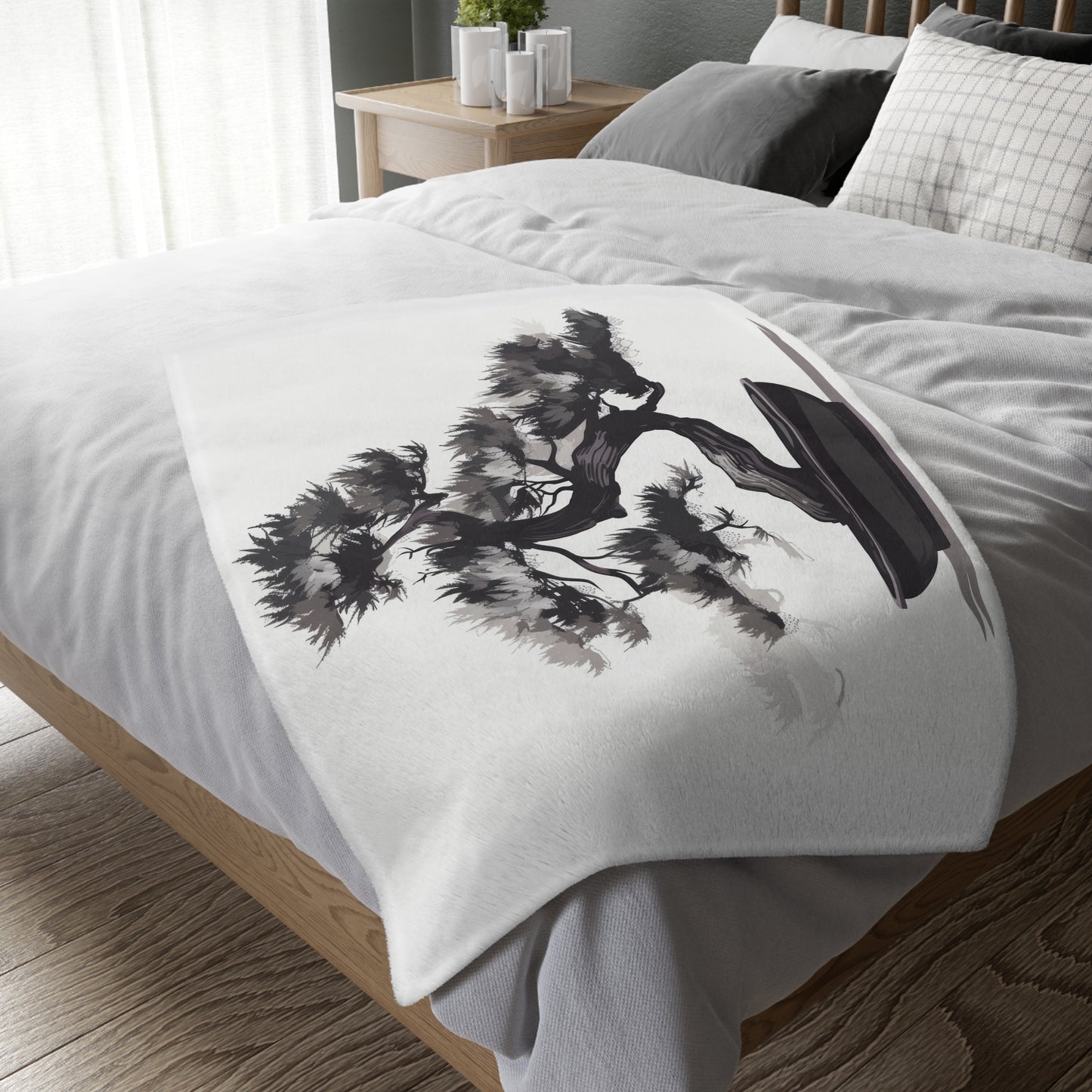 Chinese Ink Style Bonsai Tree Double Sided Throw Blanket, Simple Minimalist Aesthetic, Zen Nature Style Living, Dorm & Bed Room Decor