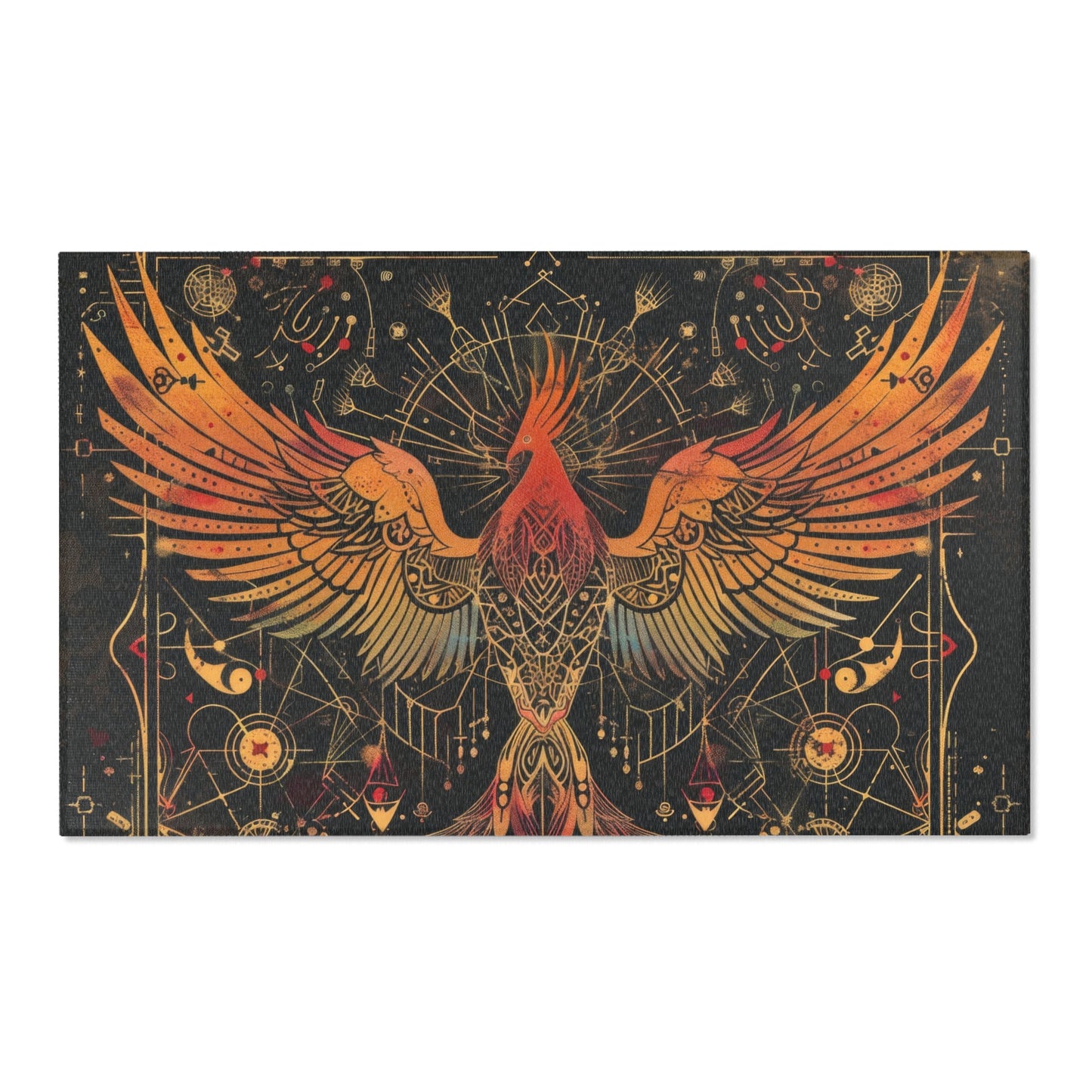 Rising Phoenix Polyester Chenille Area Rug (3 Sizes), Sacred Geometry Aesthetic, Dark Occult Bedroom, Living Room & Dorm Room Decor