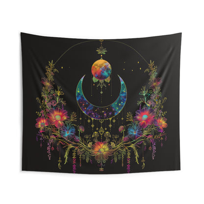 Celestial Garden Indoor Wall Tapestry, Cosmic Bloom Aesthetic, Moonlit Floral Symphony, Starlit Wilderness Design, Galactic Botanical Wall Art