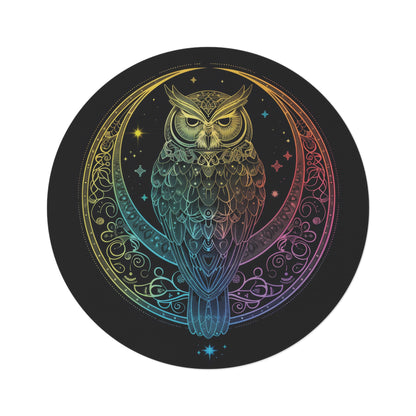 Lunar Sentinel Owl Round Chenille Area Rug, Moonlit Avian Emblem, Cosmic Wisdom Design, Starry Night and Lunar Motif, Mystical Moonlit Decor