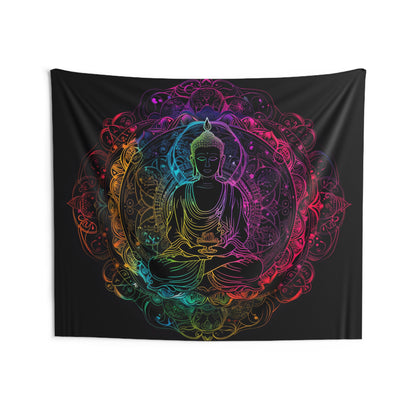 Buddha's Serene Mandala Indoor Wall Tapestry, Neon Enlightenment Motif, Spiritual Radiance, Zen Circle Design, Vibrant Meditation Wall Art