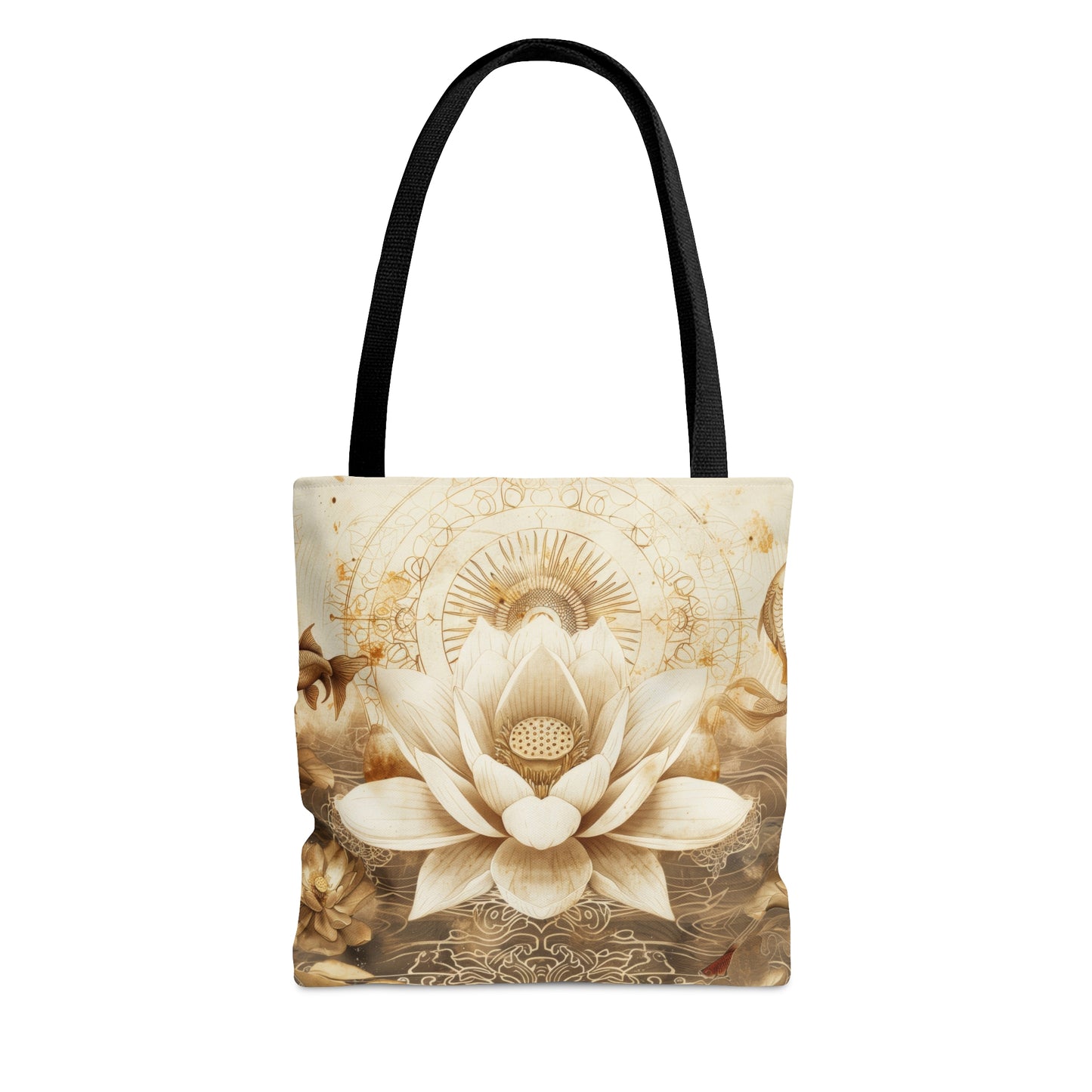 White Lotus Blossom Double Sided Tote Bag, Ancient Occult Aesthetic, Zen Nature Fashion Style, 3 Sizes, Black Handles