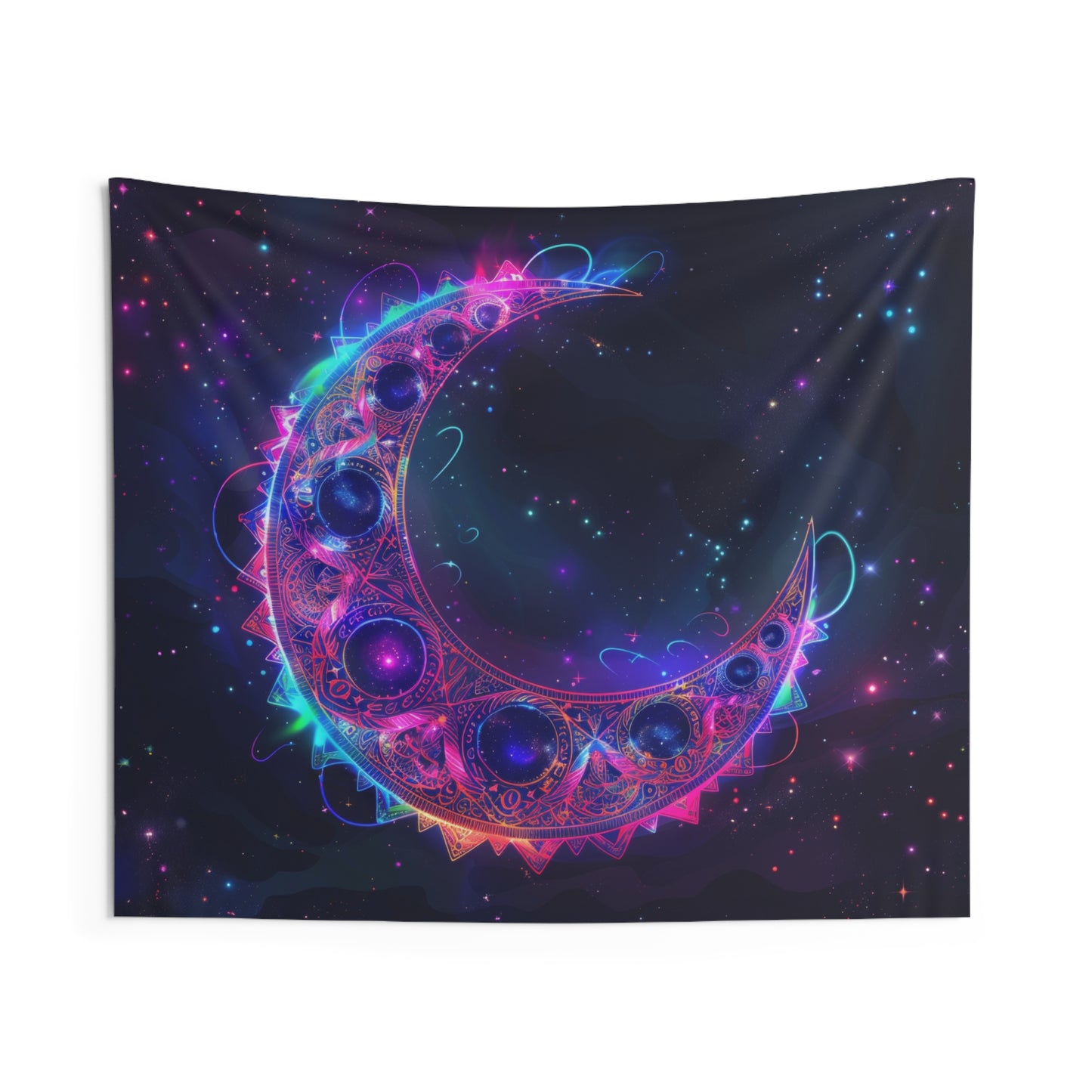 Vibrant Crescent Moon & Electric Mandala Wall Tapestry – Cosmic Harmony Decor for Home & Dorm