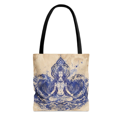 Water Goddess Polyester Tote Bag (Double Sided), Zen Nature Aesthetic, Sacred Geometry Style Fashion, 3 Sizes, Black Handles