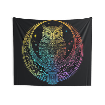 Lunar Sentinel Owl Indoor Wall Tapestry, Moonlit Avian Emblem, Cosmic Wisdom Design, Starry Night and Lunar Motif, Mystical Moonlit Wall Art