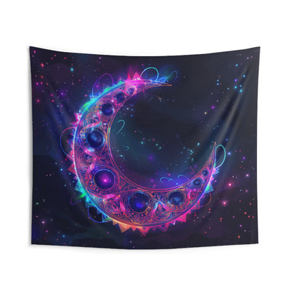 Vibrant Crescent Moon & Electric Mandala Wall Tapestry – Cosmic Harmony Decor for Home & Dorm