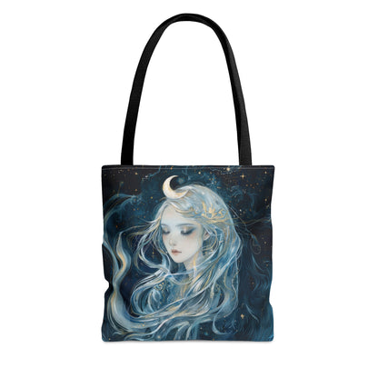 Selene's Moonlit Reverie Tote Bag, Dual-Sided Moon Goddess Design, Celestial Elegance, Ethereal Fashion Accessory