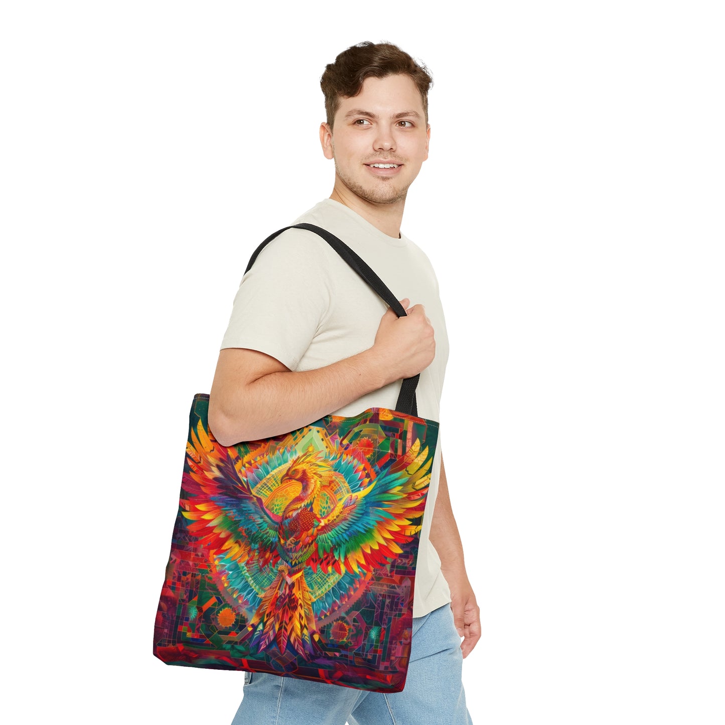 Psychedelic Rainbow Phoenix Double Sided Tote Bag, Street Art Aesthetic, Vibrant Colorful Fashion Style, 3 Sizes, Black Handles