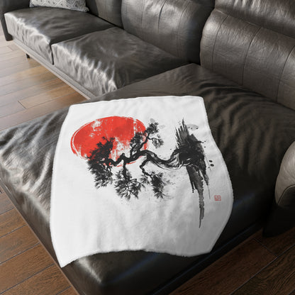 Traditional Chinese Bonsai & Red Sun 2-Sided Throw Blanket, Elegant Ink Wash Style Art, Serene Zen Decor for Home, Bedroom, Living Space, and Dorms