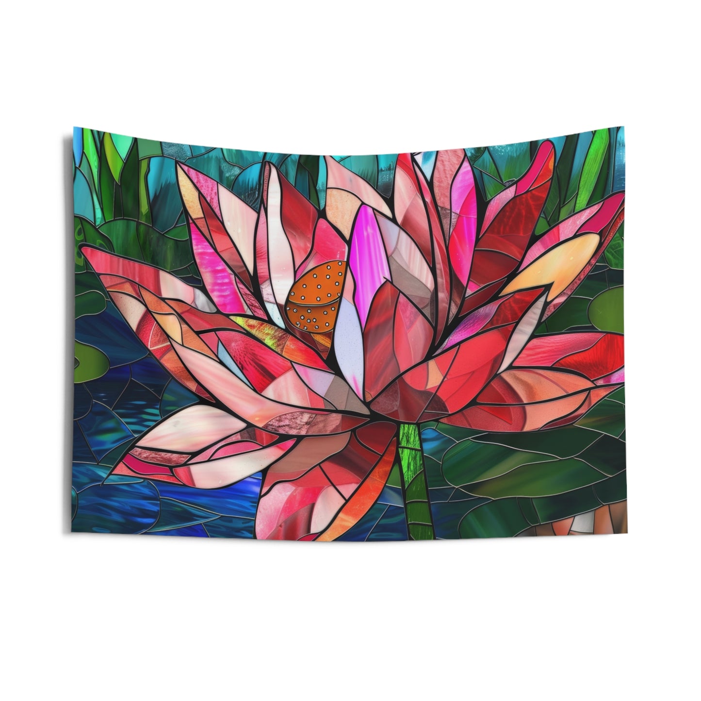 Stained Glass Lotus Flower Wall Tapestry, Radiant Botanical Design, Serene Ambiance Enhancer for Meditation and Living Spaces, Home Decor