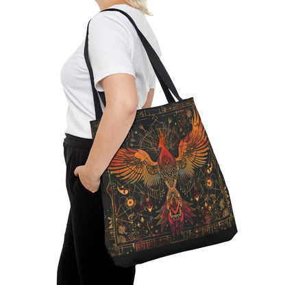 Rising Phoenix Polyester Tote Bag (Double Sided), Dark Occult and Sacred Geometry Inspired, Available in 3 Sizes with Black Handles