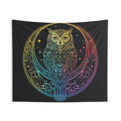 Lunar Sentinel Owl Indoor Wall Tapestry, Moonlit Avian Emblem, Cosmic Wisdom Design, Starry Night and Lunar Motif, Mystical Moonlit Wall Art