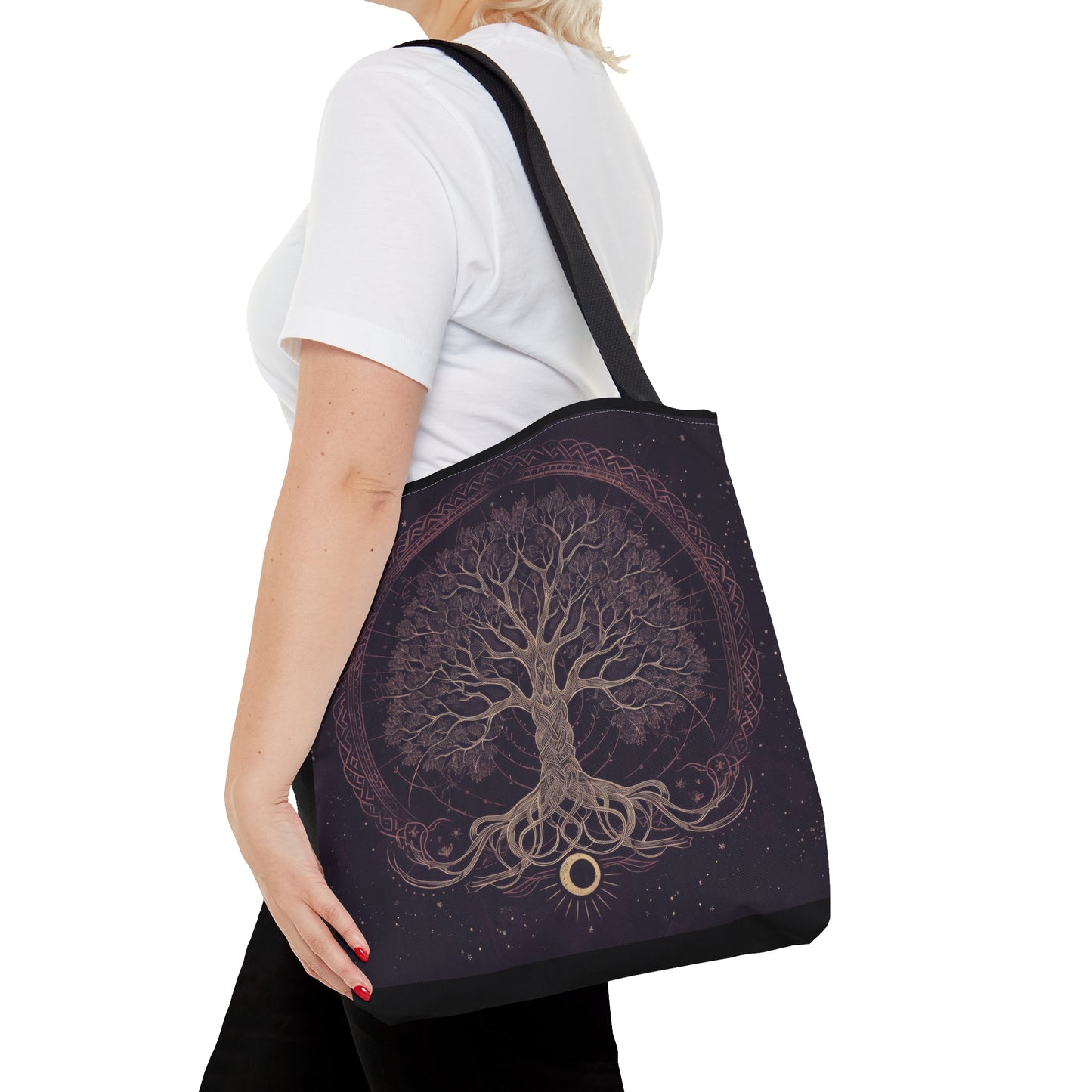 Mystic Purple Tree of Life Mandala Tote Bag – Dark Occult and Nature-Inspired Fashion, with Black Handles