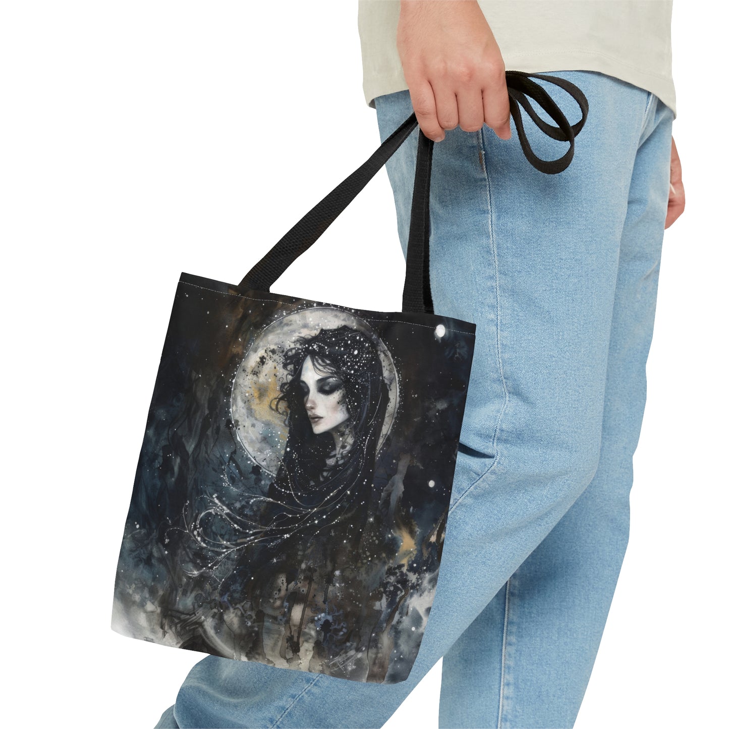 Nyx’s Nocturne Tote Bag, Dual-Sided Greek Goddess Design, Starry Night Elegance, Mystical Fashion Statement