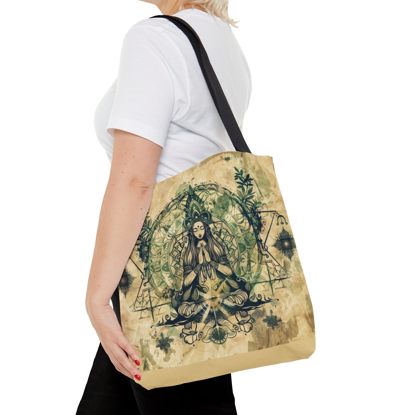 Nature Goddess Polyester Tote Bag (Double Sided), Zen Nature Aesthetic, Sacred Geometry Style Fashion, 3 Sizes, Black Handles