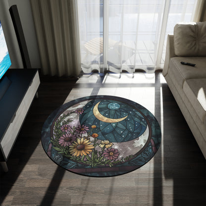 Crescent Moon and Blooms Stained Glass Chenille Rug, Enchanted Night Floral Circle Mat, Serene Home Decor for Living and Sleep Spaces