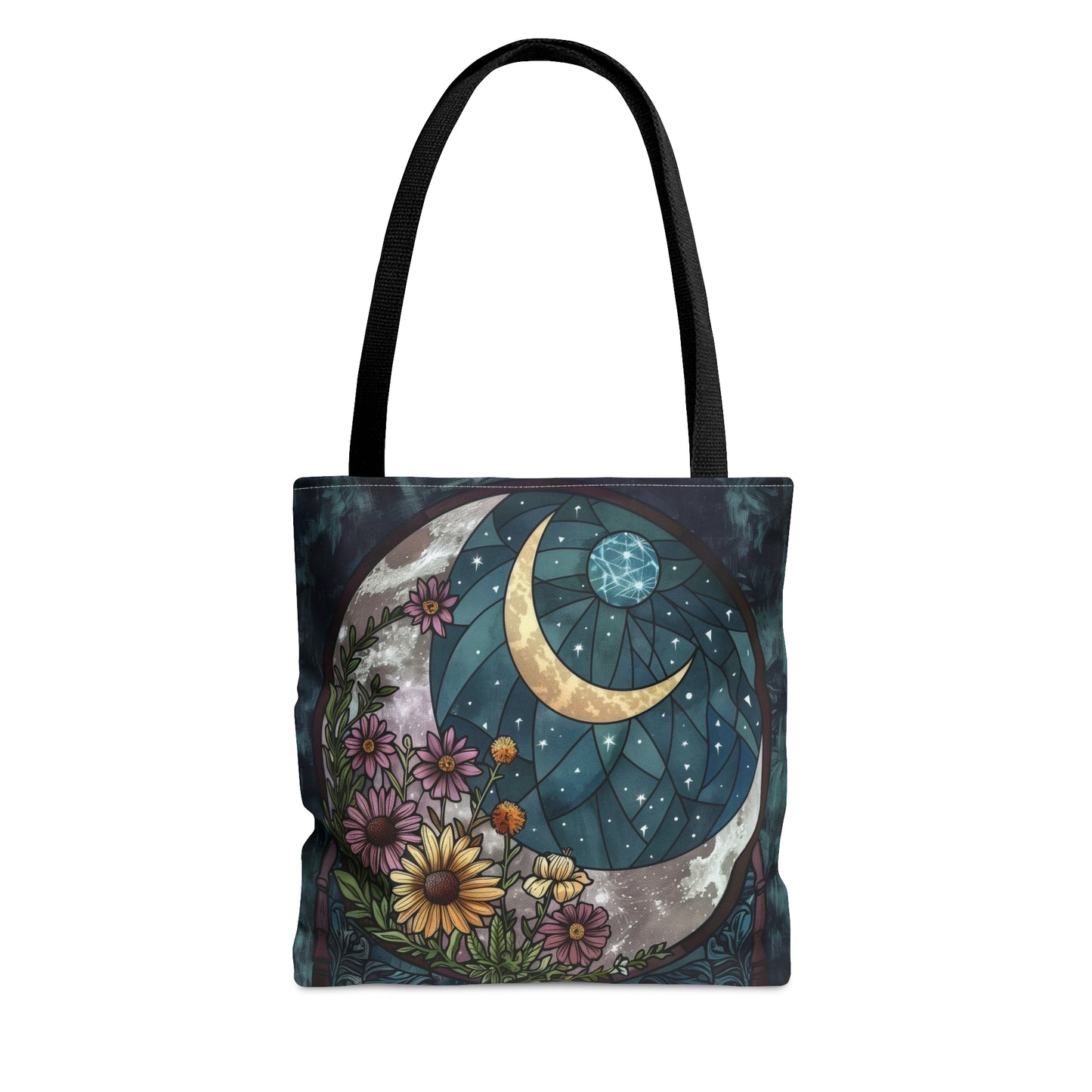 Midnight Bloom & Crescent Moon Stained Glass Tote Bag, Botanical Night Design, Stylish Carryall with Black Handles for Chic Adventures