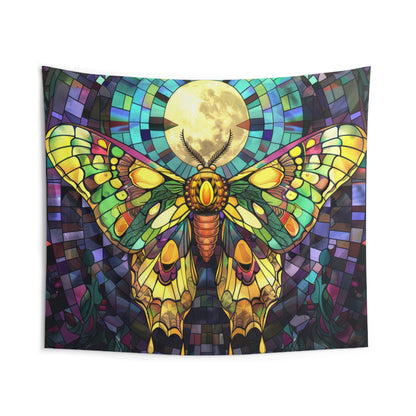 Golden Sunset Moth & Full Moon Wall Tapestry, Stained Glass-Inspired Vibrant Wing Artistry, Decorative Piece for Creative & Inspiring Spaces