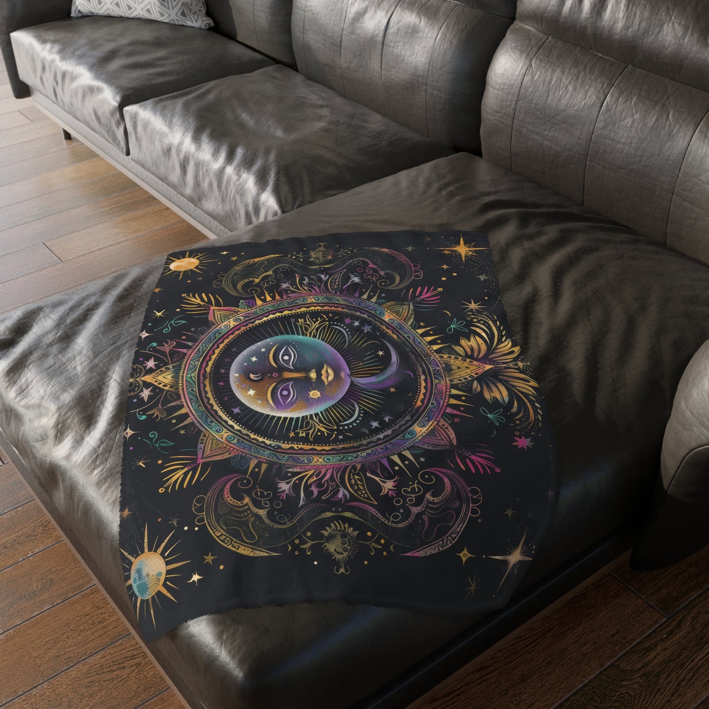 Rainbow Sun Electric Mandala Double Sided Throw Blanket, Sacred Geometry Style Colored Chalk Aesthetic, Mystical Bedroom & Living Room Decor