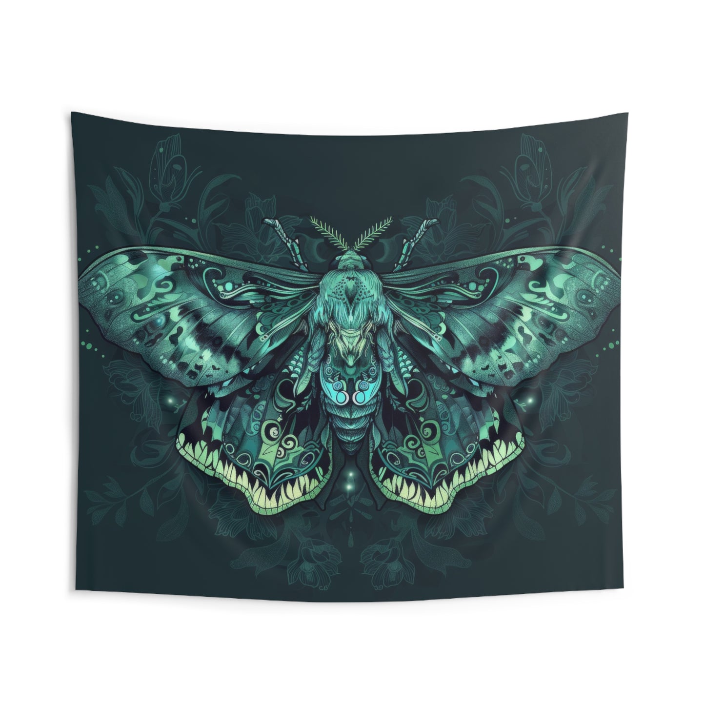 Neon Lunar Moth Wall Tapestry – Emerald Glow Mystical Decor for Bedrooms and Living Spaces