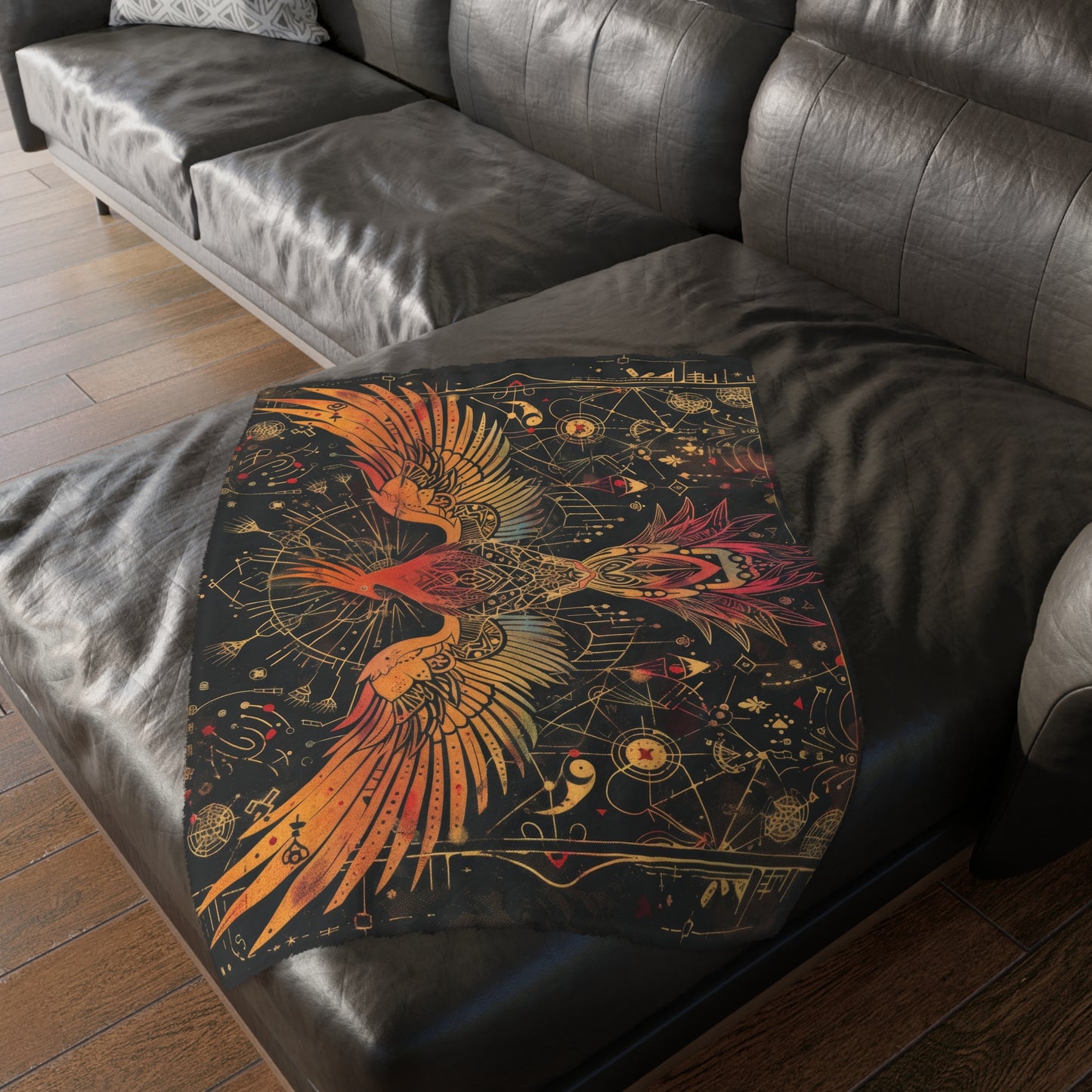 Phoenix Rising Double-Sided Decorative Throw Blanket – Sacred Geometry and Occult-Themed Home Accessory