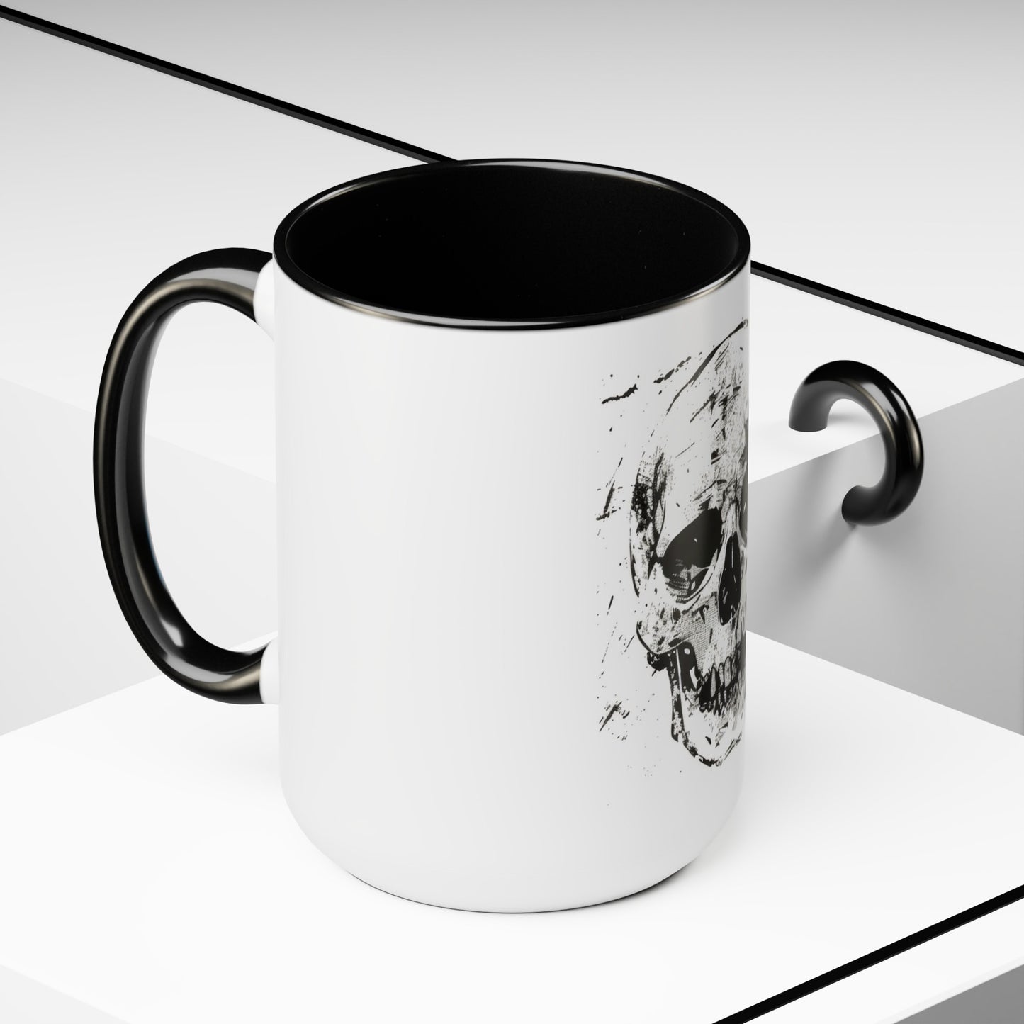 Gothic Skull 15oz Coffee Mug, Striking Two-Tone Design with Black Handle/Interior, Edgy Kitchenware, Perfect for Bold Espresso Lovers