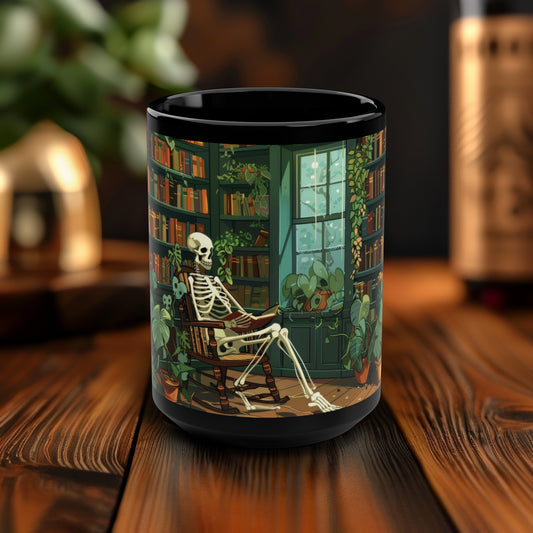 Skeleton Reading in Library 15oz Coffee Mug, Cottagecore Design, Gothic Folk Style Lover Tea Mug, Gift For Her, Black Handle