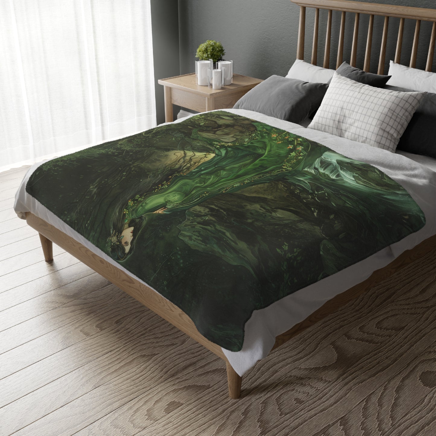 Danu's Enchanted Forest Double-Sided Throw Blanket, Celtic Mother Goddess Realm, Verdant Serenity, Luxurious Comfort