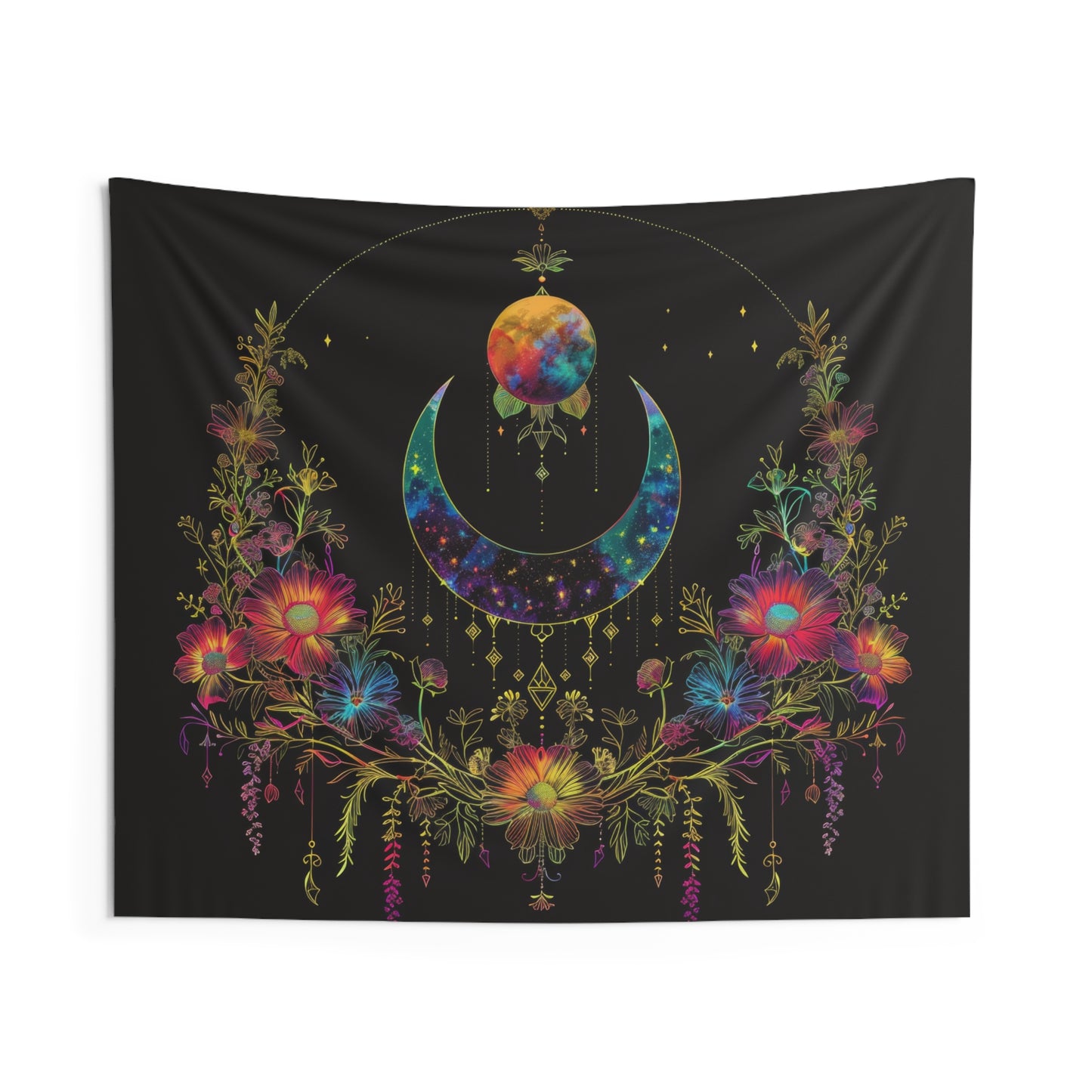 Celestial Garden Indoor Wall Tapestry, Cosmic Bloom Aesthetic, Moonlit Floral Symphony, Starlit Wilderness Design, Galactic Botanical Wall Art