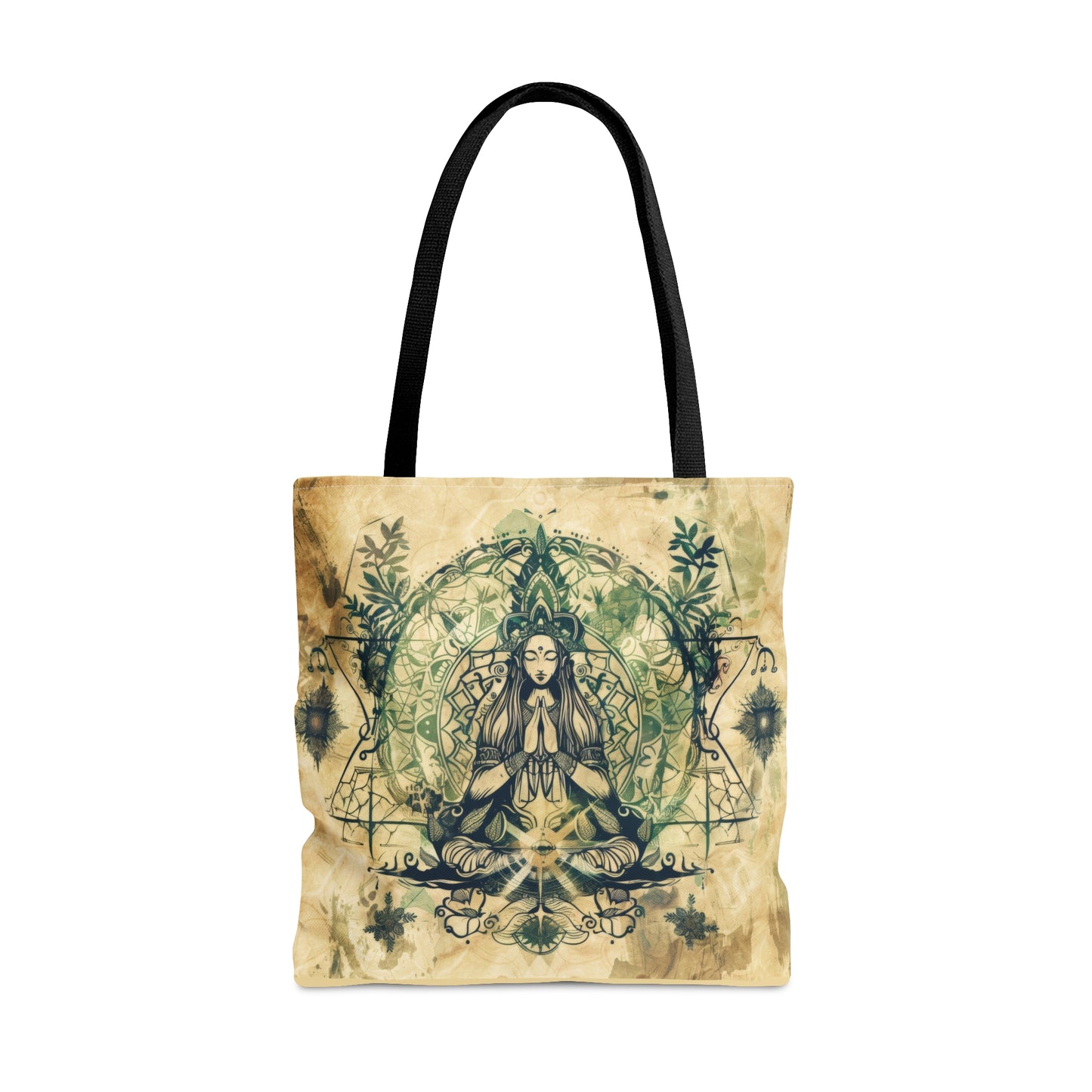 Nature Goddess Polyester Tote Bag (Double Sided), Zen Nature Aesthetic, Sacred Geometry Style Fashion, 3 Sizes, Black Handles