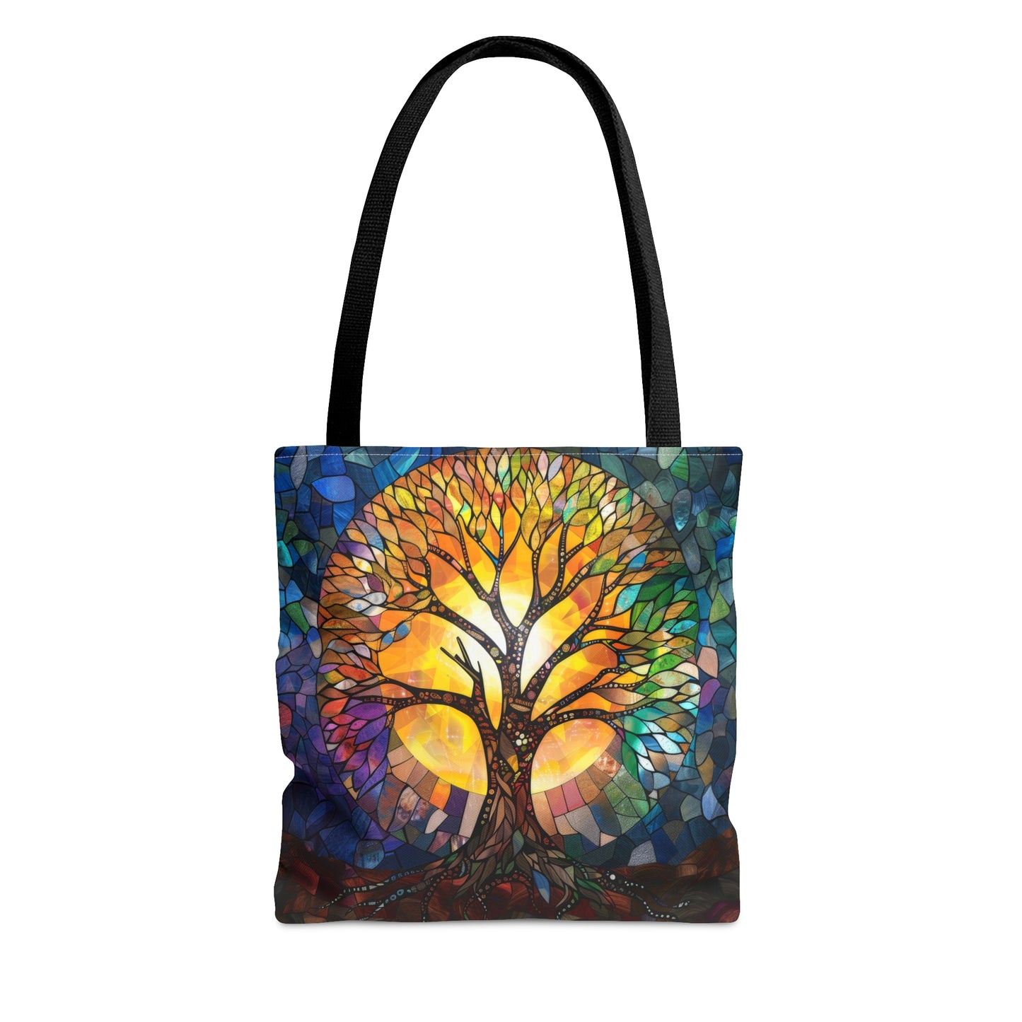 Tree of Life Stained Glass Art Tote Bag with Black Handles, Enchanting Nature Design, Multipurpose Bag for Everyday Elegance & Shopping