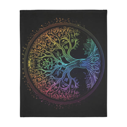 Mystic Arbor Double-Sided Throw Blanket, Enchanted Tree of Life Motif, Magical Spectrum Design, Folklore Forest Decor, Radiant Nature Art